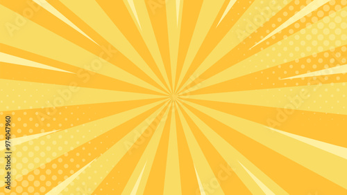 Bright yellow comic sunburst effect background with halftone. Sun rays abstract vector background. Suitable for templates, banners, events, ads, sales, web and pages