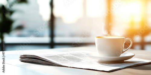 Close-up of a stylish coffee cup with a newspaper, representing