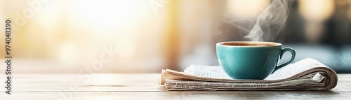 Turquoise coffee cup paired with a newspaper on a warm wooden surface, representing relaxation and daily habits, Morning coffee, Daily news