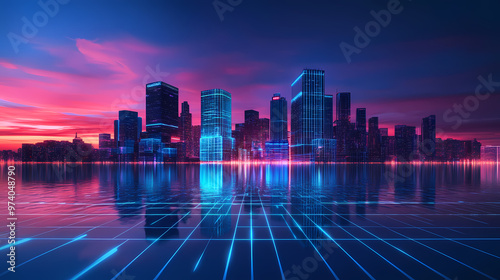 Digital cityscape with futuristic buildings