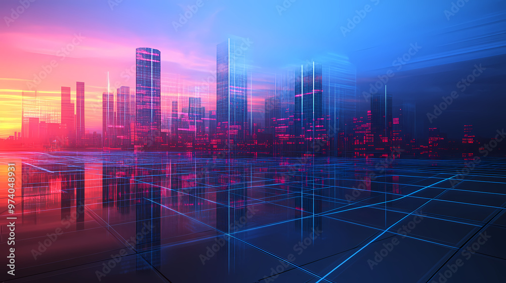 Digital cityscape with futuristic buildings Digital cityscape with futuristic buildings