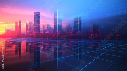 Digital cityscape with futuristic buildings