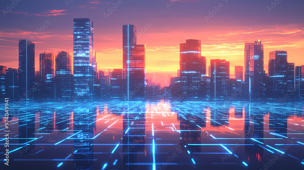 Fototapeta premium Digital cityscape with futuristic buildings