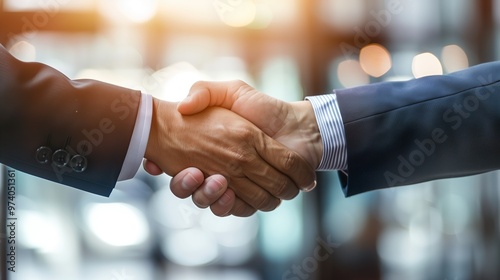 Two Business Professionals Shaking Hands in a Close-Up Shot, Highlighting Professionalism, Partnership, and Success with Sharp Focus and Shallow Depth of Field in a Blurred Background Setting.