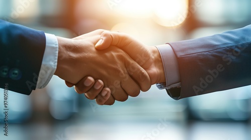 Two Business Professionals Shaking Hands in a Close-Up Shot, Highlighting Professionalism, Partnership, and Success with Sharp Focus and Shallow Depth of Field in a Blurred Background Setting.