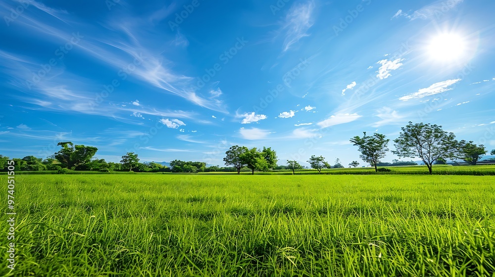 Fototapeta premium Green grass field under the sun