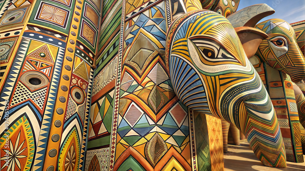 Obraz premium Colorful mural featuring elephant sculptures adorned with intricate african patterns and designs