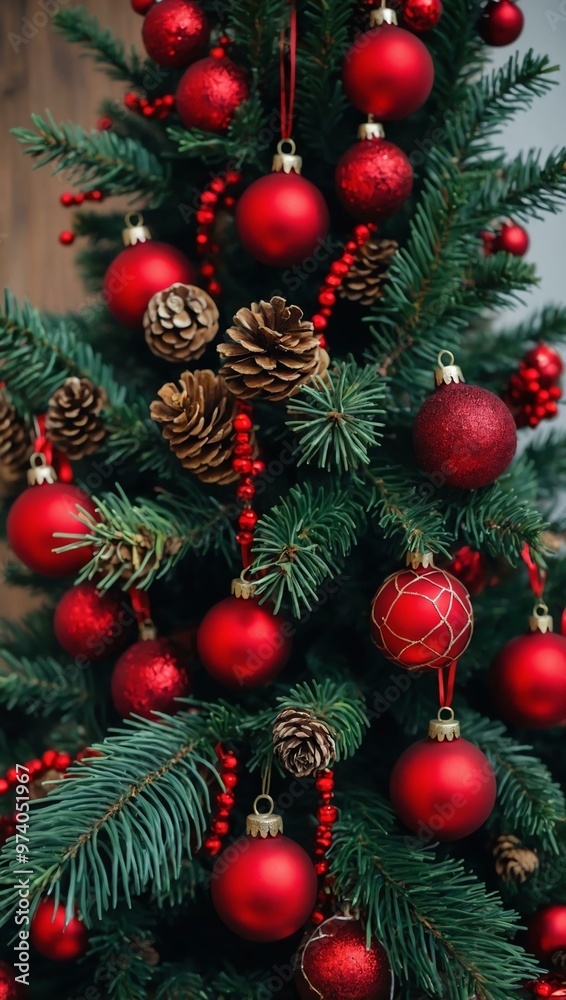 Christmas tree decorated with red ornaments and pinecones. Christmas tree decorated with red ornaments and pinecones.