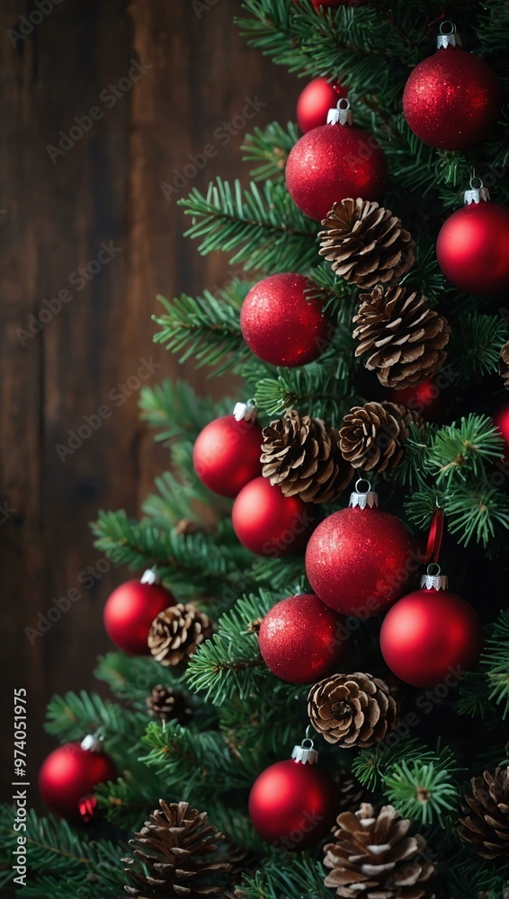 Christmas tree decorated with red ornaments and pinecones. Christmas tree decorated with red ornaments and pinecones.