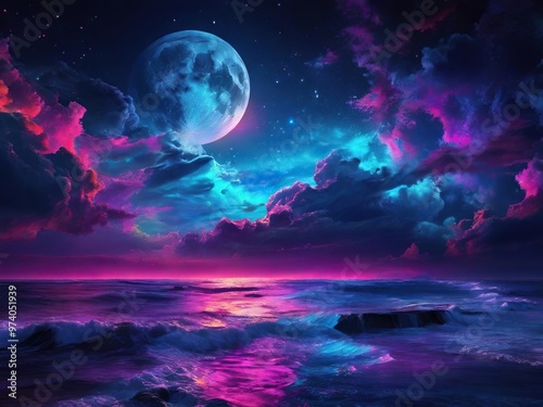 Incredible cosmic nightscape with a giant moon reflecting in the sea, the sky is filled with bright neon clouds and stars