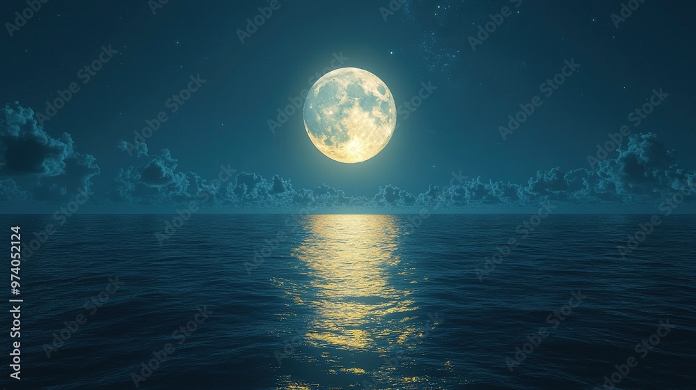 A full moon rising over a tranquil sea A full moon rising over a tranquil sea