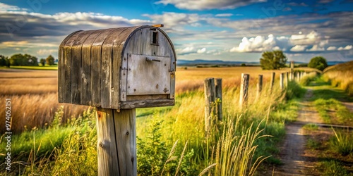 A worn, old-fashioned mailbox stands alone in a deserted rural landscape, its weathered wooden door slightly ajar, photo