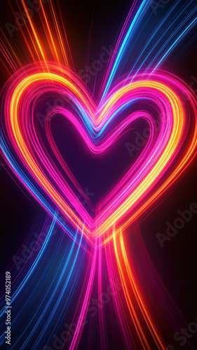 Colorful light rays forming neon heart shape