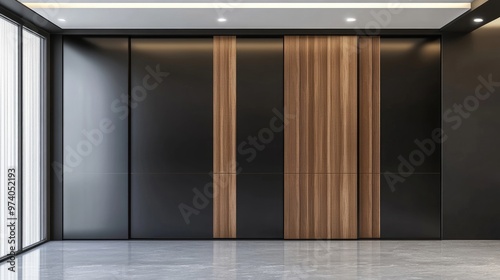 Wooden wardrobe with glossy sliding doors in minimalist style interior design of modern bedroom