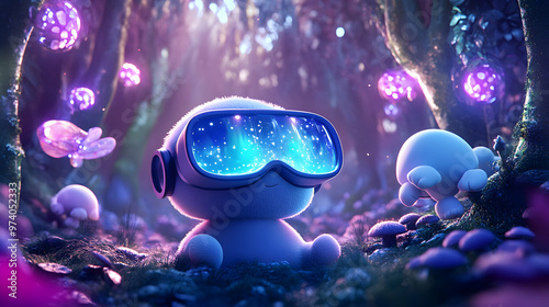 A whimsical 3D cartoon figure with oversized VR glasses, situated in a fantastical forest with glowing trees and floating digital creatures, radiating a sense of wonder and adventure photo