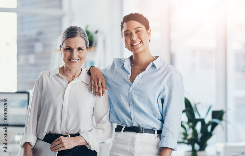 Obraz premium Collaboration, portrait and smile with business people in office together for career development. Employee, mentor and teamwork with colleague women in professional workplace for partnership