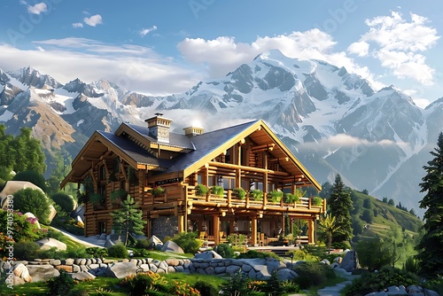 Traditional chalet with a lawn and mountains in the background