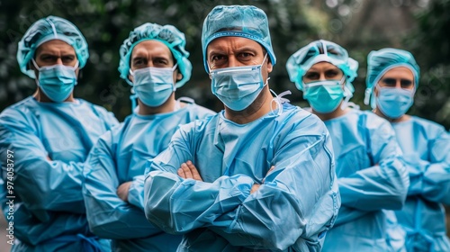 Dedicated healthcare professionals in scrubs and masks stand confidently together for patient care