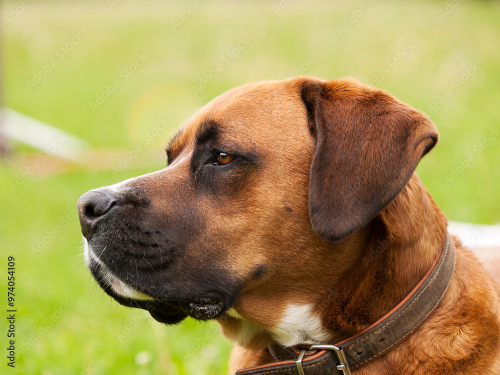 Reddish crossbreed dog on the meadow, work with herd