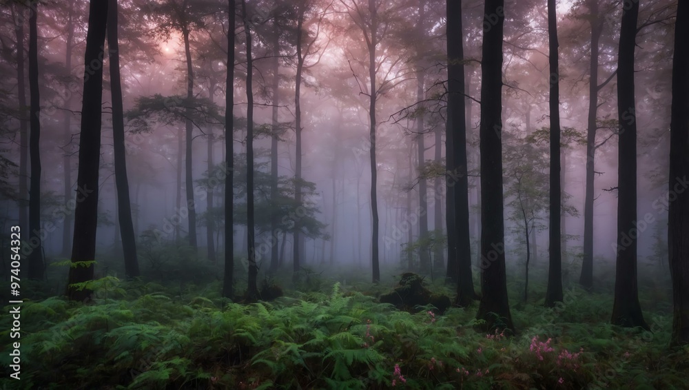 Enchanting forest with pink light and ethereal fog Enchanting forest with pink light and ethereal fog