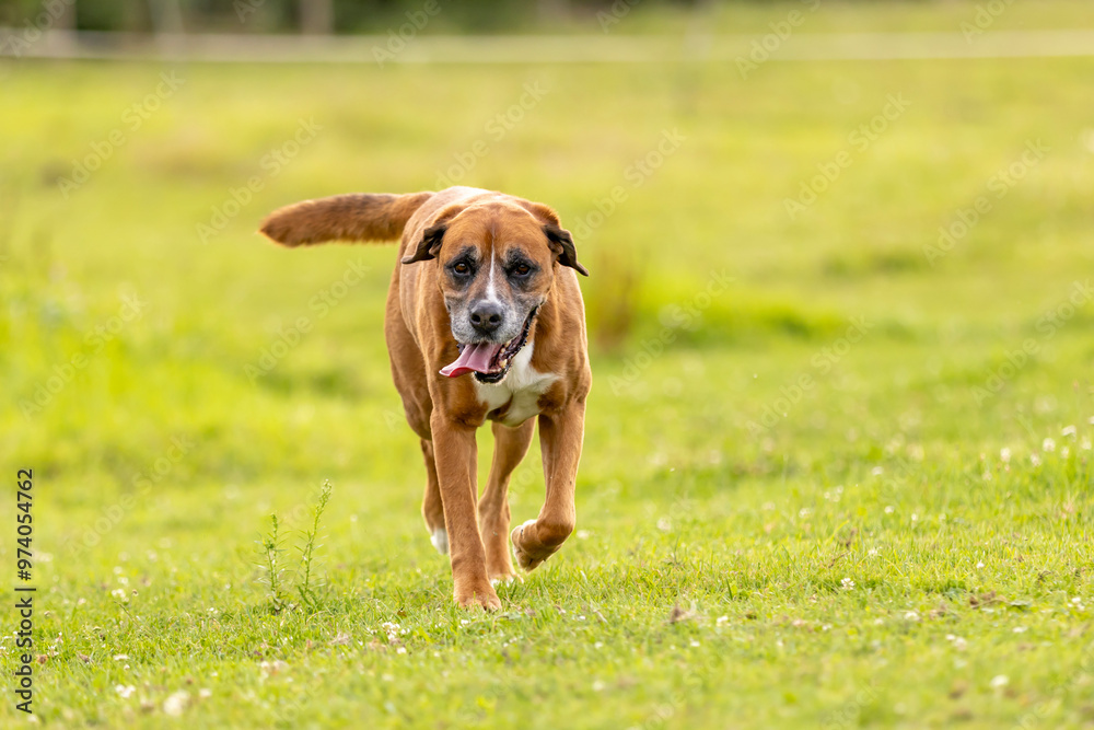 Reddish crossbreed dog on the meadow, work with herd