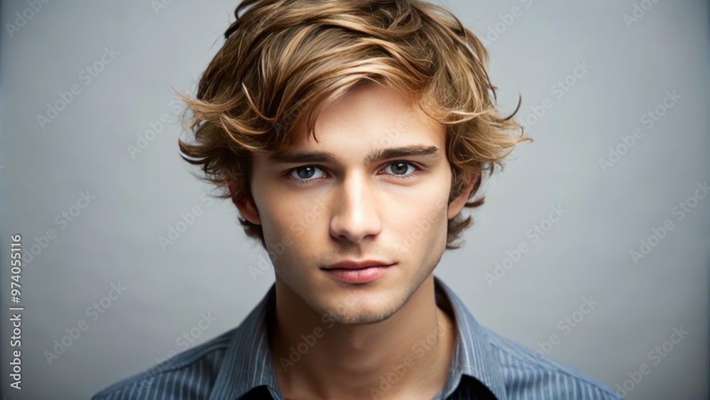 Naklejka premium A young adult male with light brown hair, styled with a subtle wave, looks directly at the camera