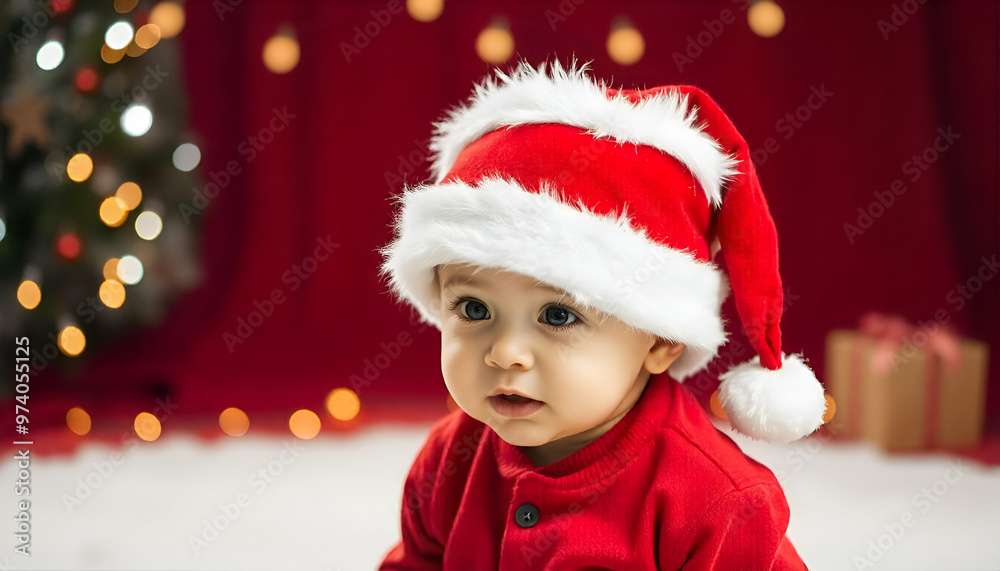 A 1 year old Caucasian baby boy wearing a red sweater and a white Santa hat, with a red background with blurred lights A 1 year old Caucasian baby boy wearing a red sweater and a white Santa hat, with a red background with blurred lights