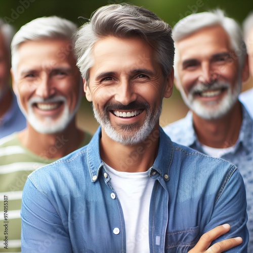 Portrait of a smiling senior man in casual attire outdoors with a happy expression looking at the camera, showcasing his handsome features and gray hair in a close-up shot