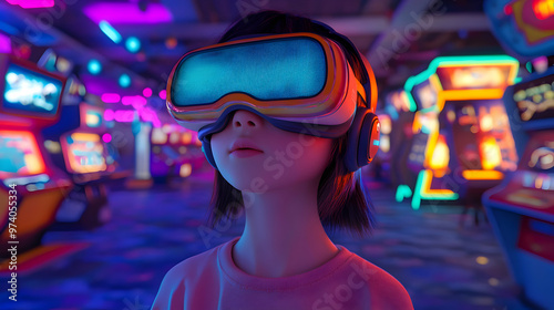 A charming 3D cartoon avatar with retro VR glasses, immersed in a nostalgic virtual arcade filled with pixelated games and animated neon lights, creating a sense of fun and reminiscence photo