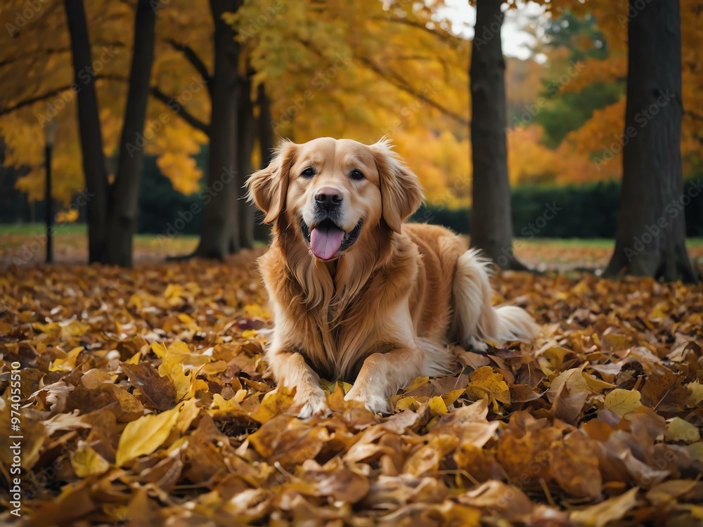 Golden retriever dog among autumn leaves, captured in a photograph. Golden retriever dog among autumn leaves, captured in a photograph.