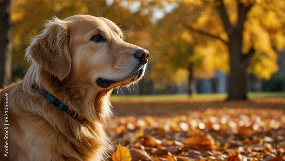 Golden retriever dog positioned against a colorful fall leaf background. Golden retriever dog positioned against a colorful fall leaf background.