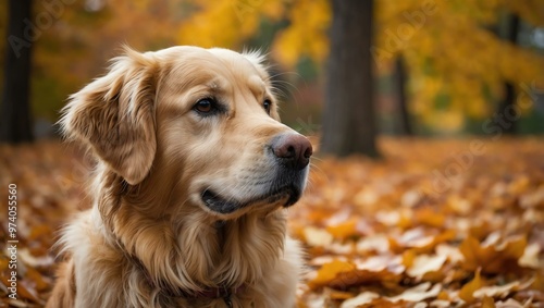 Golden retriever dog positioned against a colorful fall leaf background.