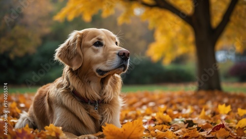 Golden retriever dog positioned against a colorful fall leaf background.