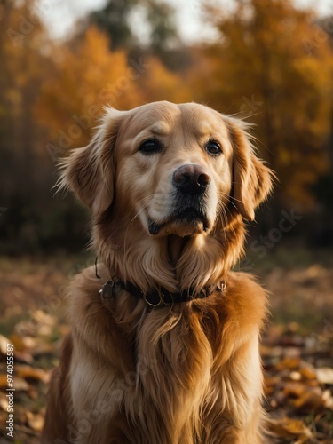 Golden retriever in an autumn setting, captured in a photo.