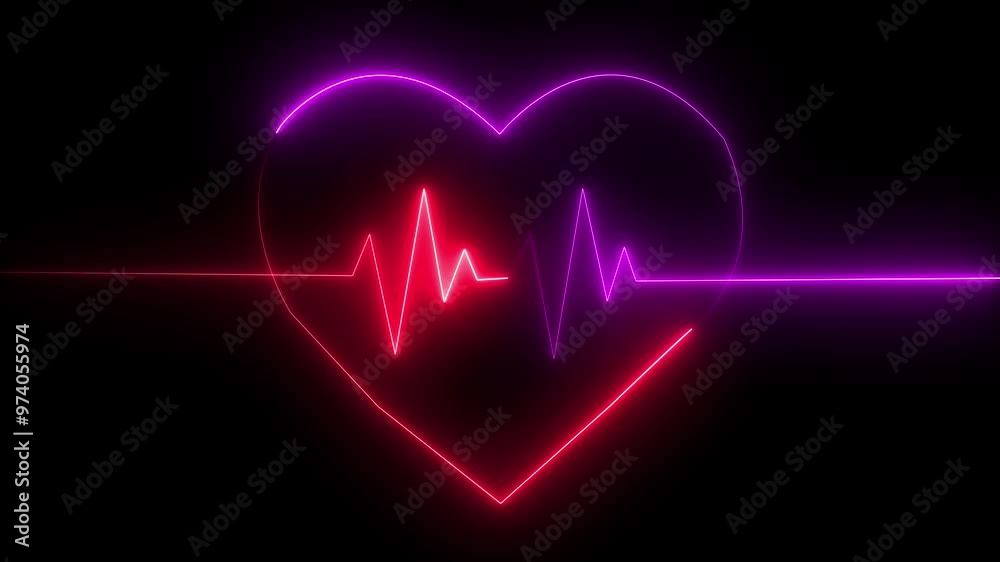 Purple and red digital CGI heartbeat on glowing black background. Animated electrocardiogram for video introduction. Used in medical science. Animation 4k video Purple and red digital CGI heartbeat on glowing black background. Animated electrocardiogram for video introduction. Used in medical science. Animation 4k video