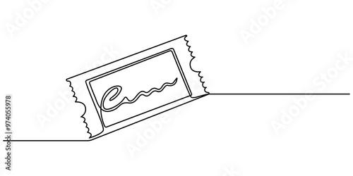 Continuous one line drawing cinema ticket. Vintage cinema ticket isolated on a white background. Vector illustration, Single continuous line drawing of ticket. one line draw design graphic vector