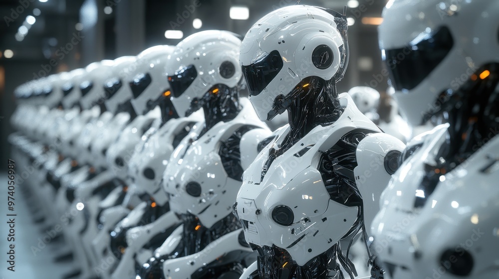 A row of futuristic robots with sleek designs in a high-tech environment. A row of futuristic robots with sleek designs in a high-tech environment.