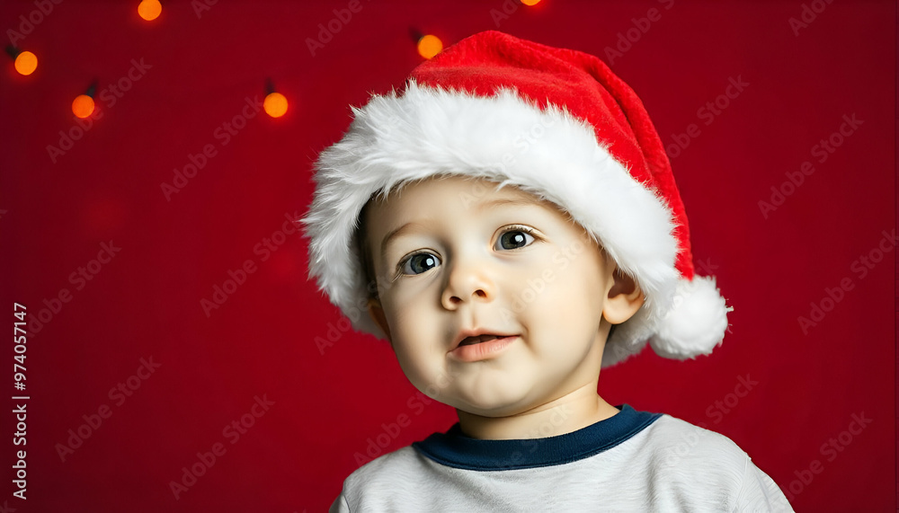 A 1 year old Caucasian baby boy wearing a white Santa hat, with a red background with blurred lights A 1 year old Caucasian baby boy wearing a white Santa hat, with a red background with blurred lights