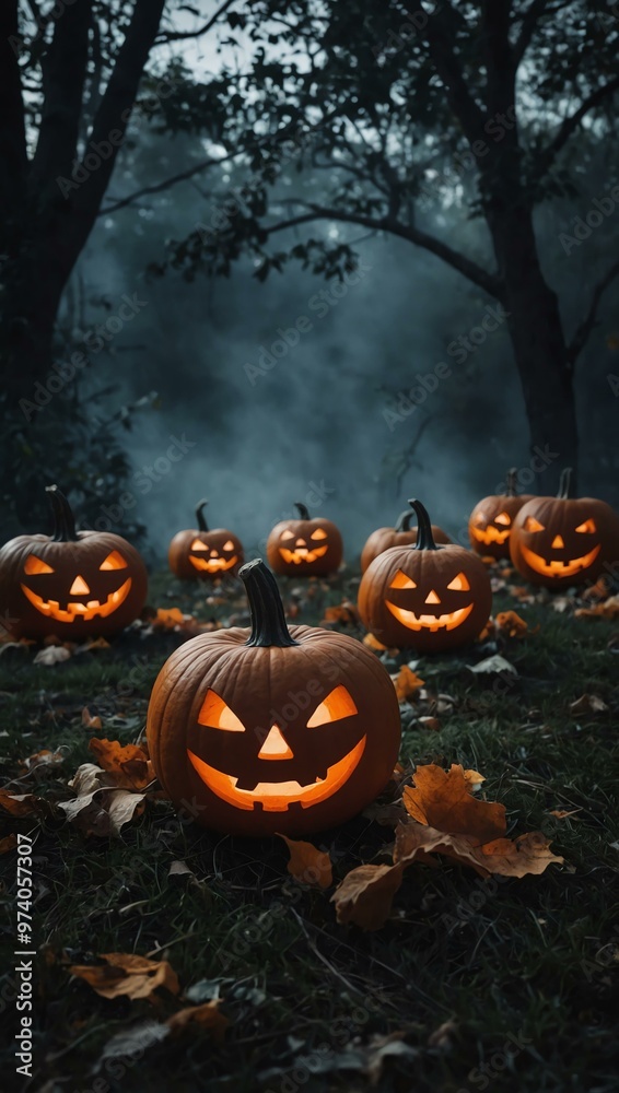 Haunted Halloween scene with floating ghosts and pumpkins Haunted Halloween scene with floating ghosts and pumpkins