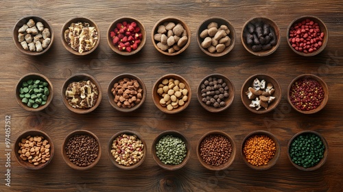 Assortment of Dog Treats in Wooden Bowls on Rustic Table