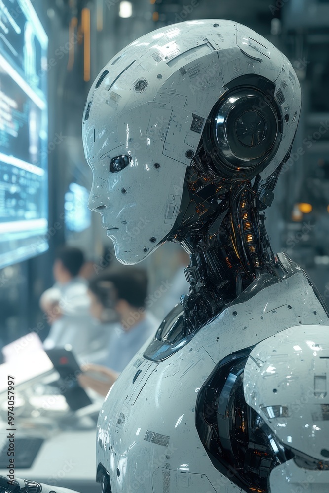 A futuristic humanoid robot with intricate details, set in a tech-focused environment. A futuristic humanoid robot with intricate details, set in a tech-focused environment.