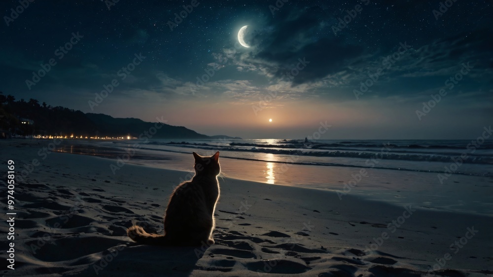 Fototapeta premium A cat enjoys a serene night by the beach under a crescent moon and shimmering ocean waves