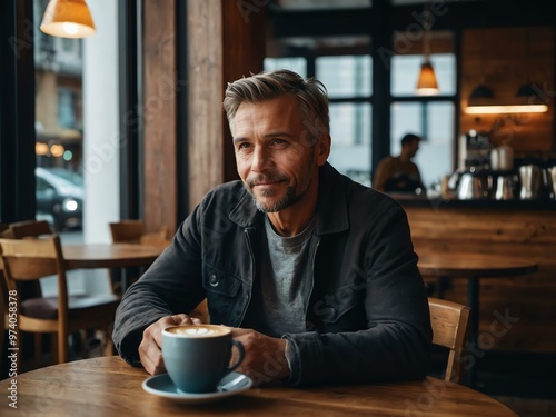 Man in a cozy café enjoying coffee in the afternoon.