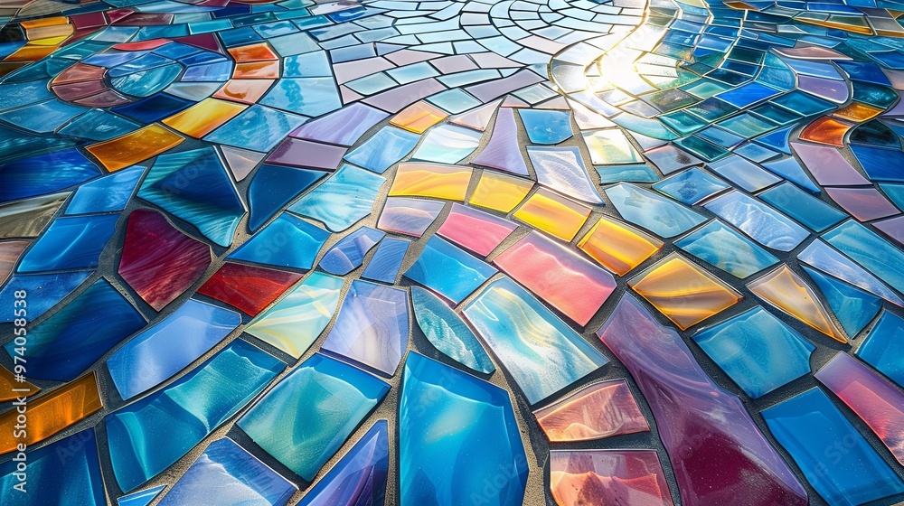 Fototapeta premium Tile floor featuring a vibrant blue abstract mosaic pattern.