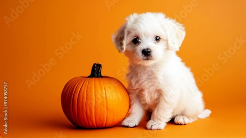Puppy with pumpkin on an orange background