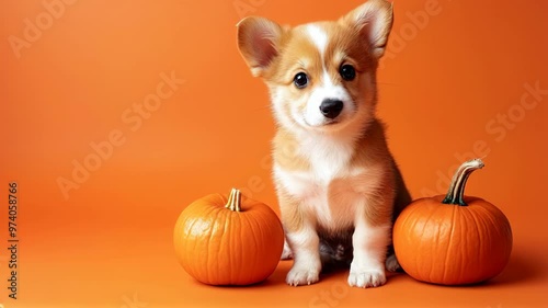 Puppy with pumpkin on an orange background
