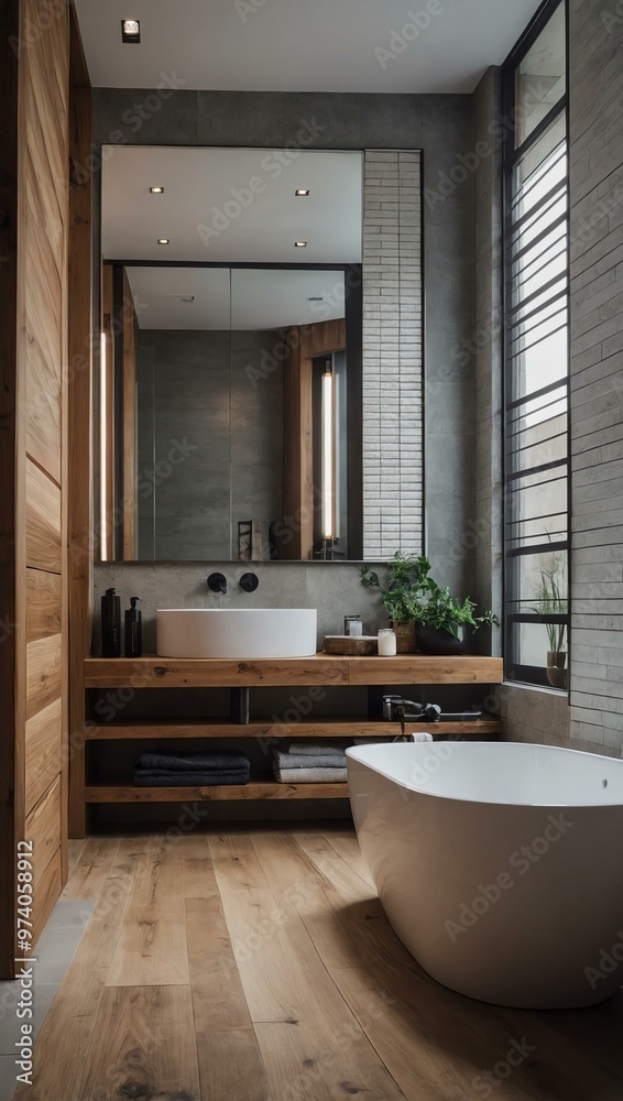 Modern bathroom with a clean ceramic toilet, wooden accents, and minimalist decor. Modern bathroom with a clean ceramic toilet, wooden accents, and minimalist decor.