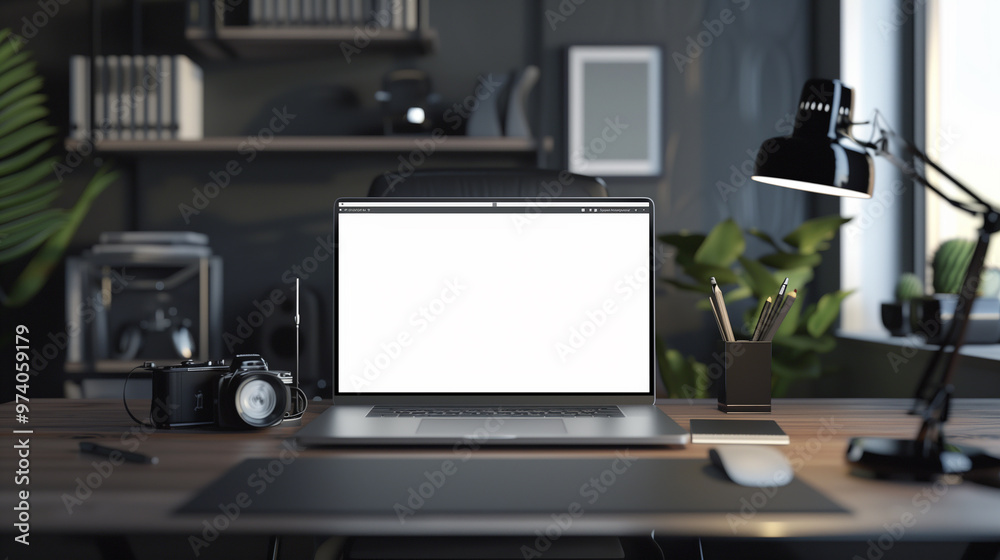 Laptop screen mockup placed on a desk, with a modern workspace setup in the background to showcase a responsive web design. Laptop screen mockup placed on a desk, with a modern workspace setup in the background to showcase a responsive web design.