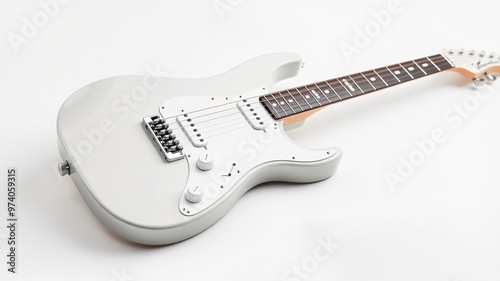 A sleek white electric guitar resting on a light background, showcasing its elegant design and detailed features