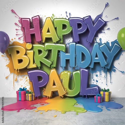 Happy birthday Paul poster, with colorful letters and balloons in various sizes scattered around, creating a festive and joyful atmosphere.